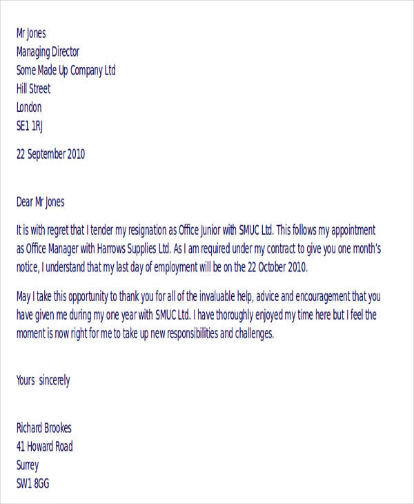 formal resignation letter example