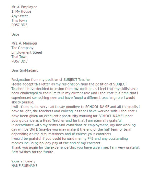 Letter Of Resignation For Teacher from images.template.net