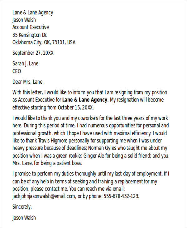 account executive resignation letter template