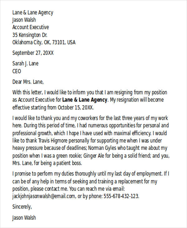 Accounts Executive Resignation Letter Format