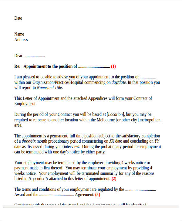 employee appointment letter template in doc