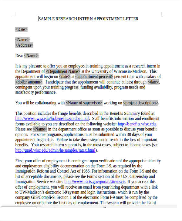 research intern appointment letter in doc