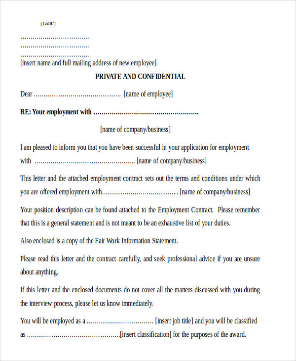 sample offer letter for contract employee