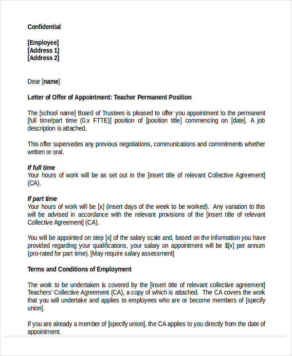 permanent teacher position appointment letter in doc
