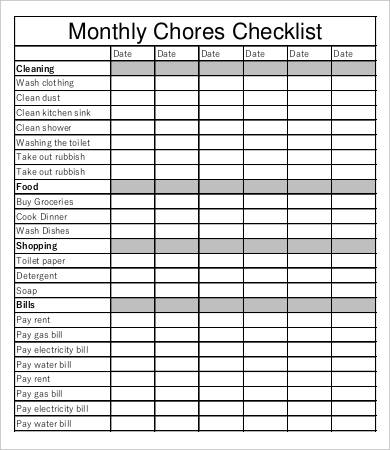 monthly chore checklist template