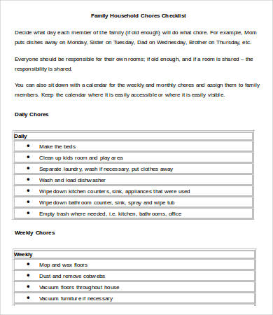 family household chores checklist template