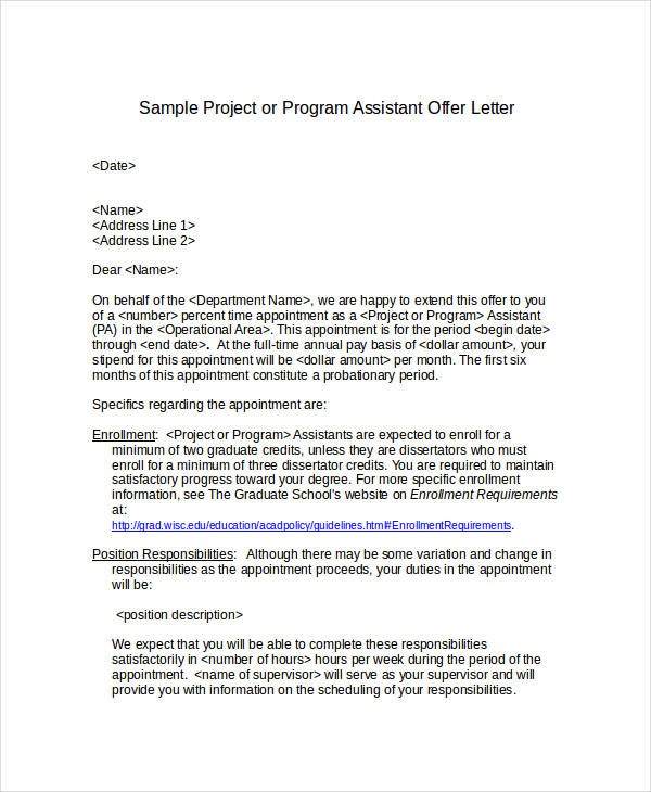 appointment letter for project assistant manager