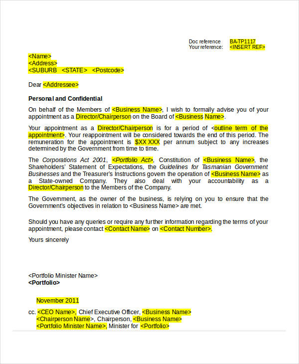 sample appointment letter format for ceo