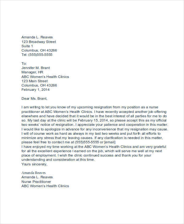 sample resignation letter for nurse practitioner1