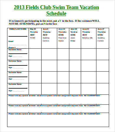 fields swim team vacation schedule template