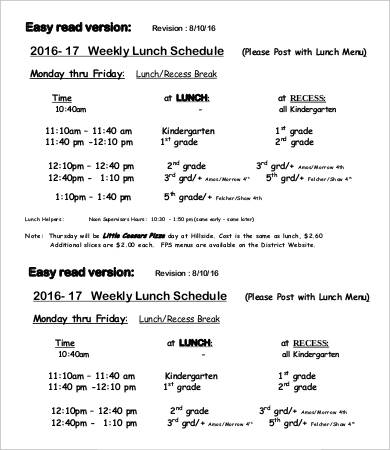 weekly lunch schedule template