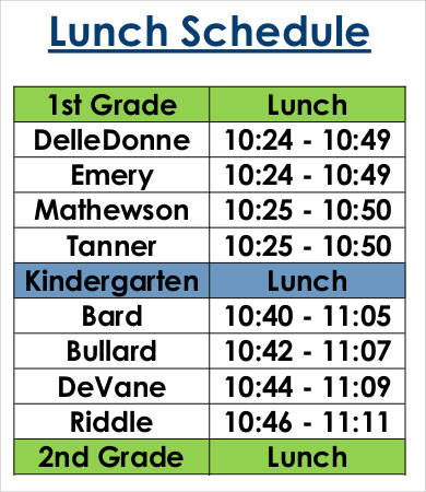 Lunch Schedule Template Excel