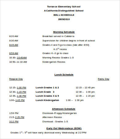elementary school lunch schedule template