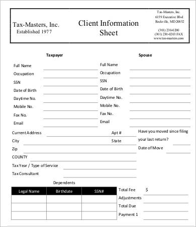 tax client information sheet template