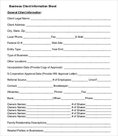 business client information sheet template