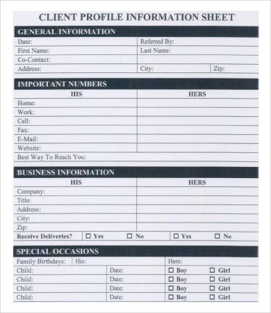 client profile information sheet template