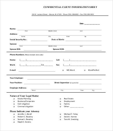 confidential client information sheet