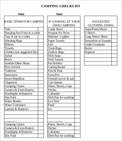 camping item checklist template