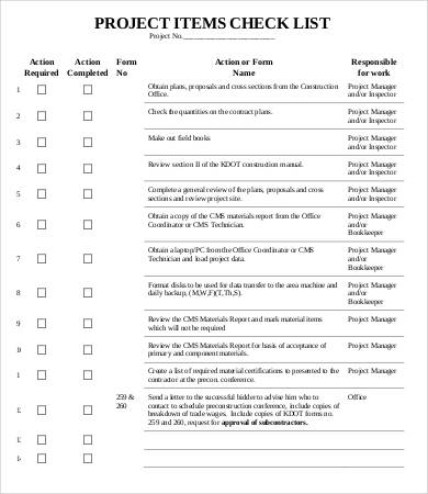 project items checklist template