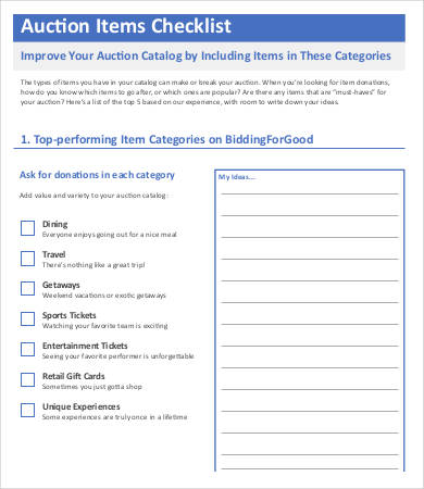 auction items checklist template