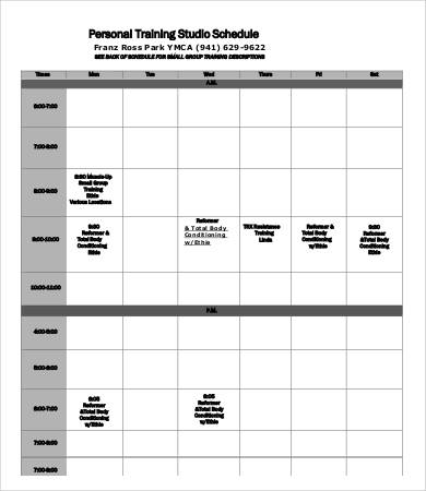 personal training studio schedule template