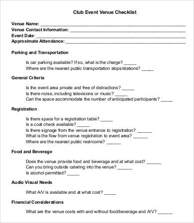 Venue Checklist Template - 9+ Free Word, PDF Documents Download