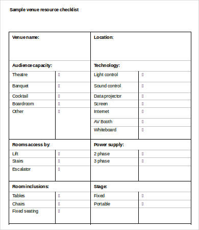 sample venue resource checklist