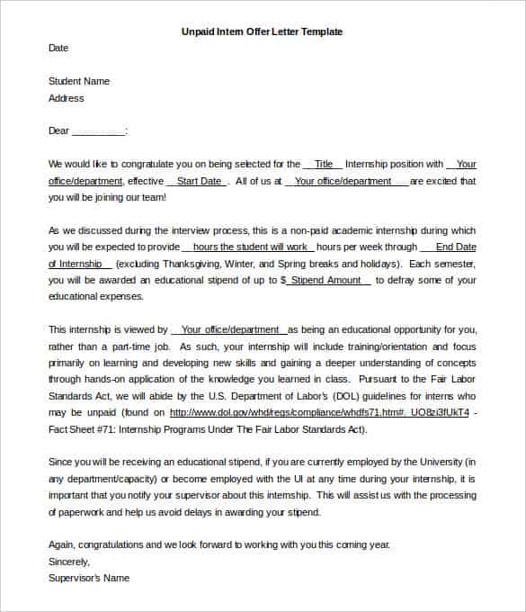 offer letter template for unpaid intern word download min