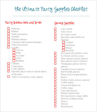 party supplies checklist template