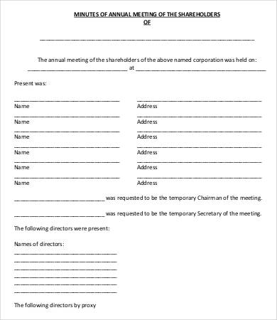 free shareholder annual meeting minutes template