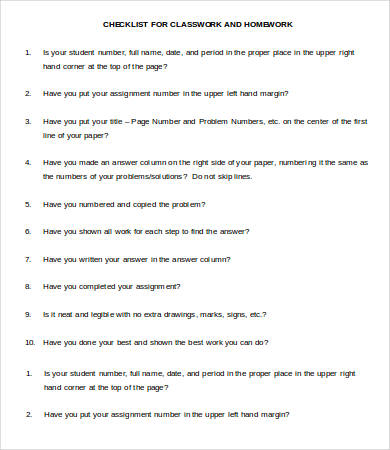class homework work checklist template