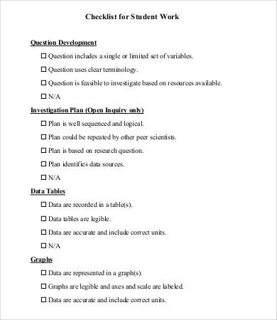 checklist for student work