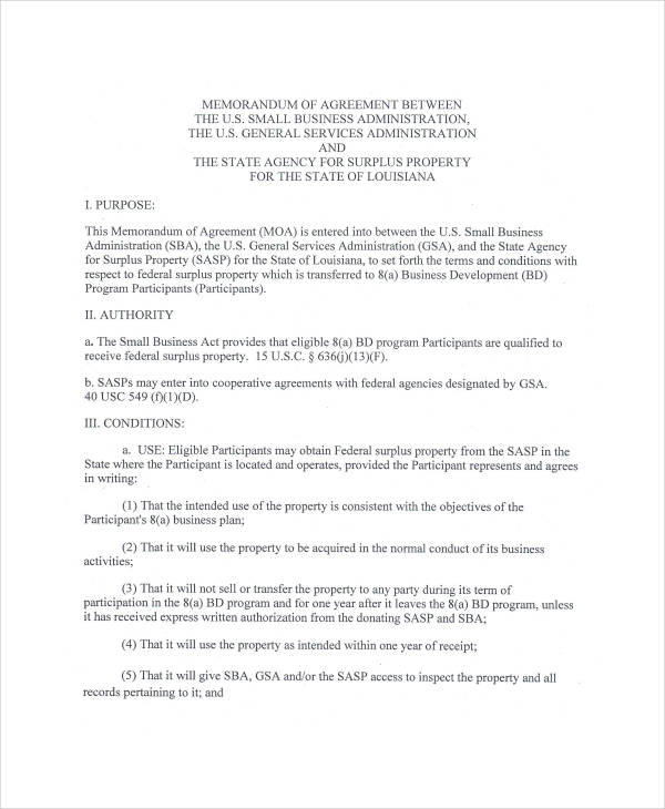 small business administration memorandum agreement