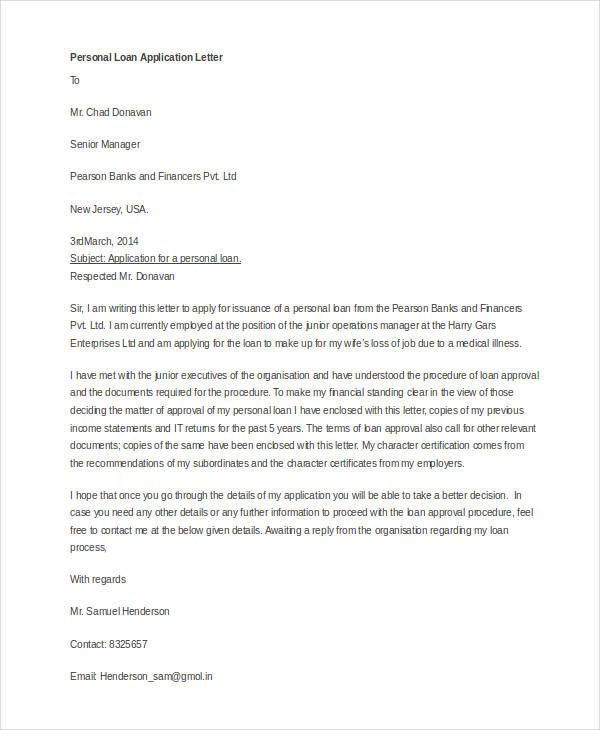 personal loan application letter template