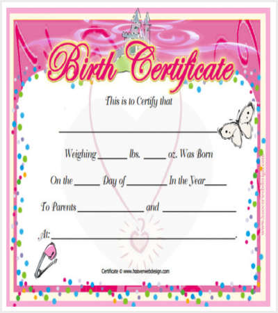 printable cute baby girl birth certificate template pdf