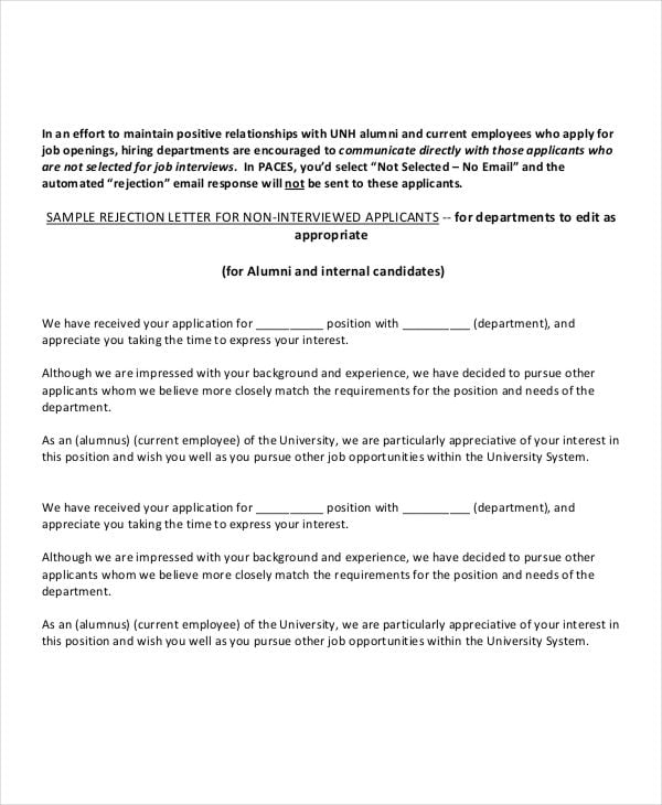 employment application rejection letter