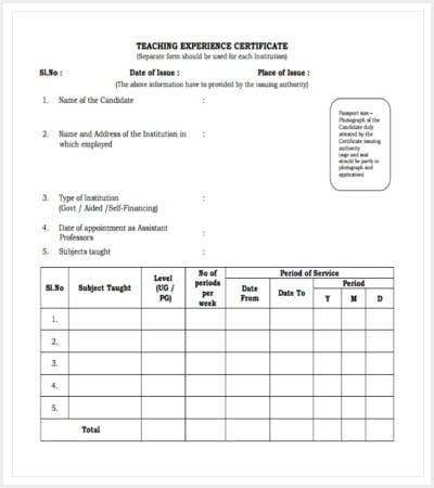 teaching experience certificate template