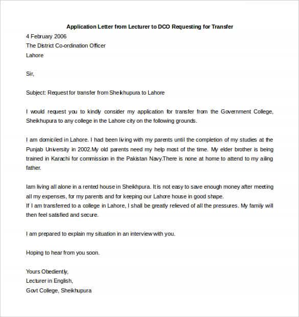 application letter from lecturer to dco requesting for transfer min