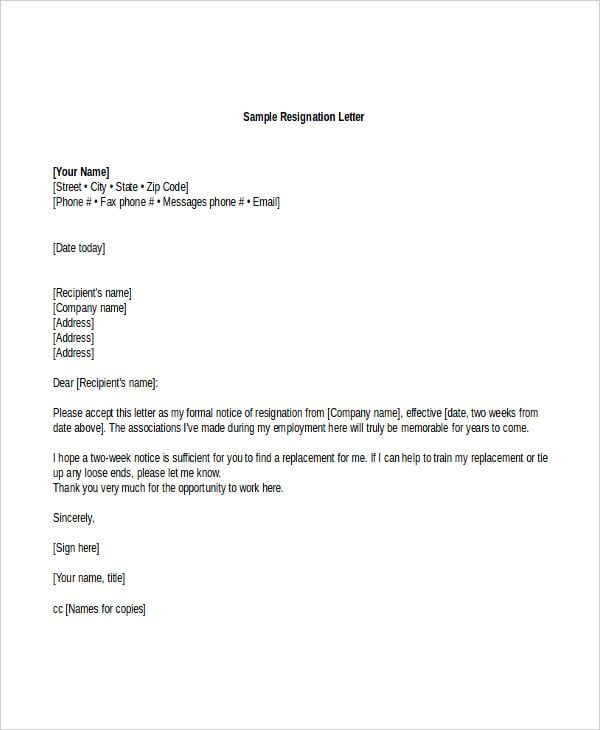 basic resignation letter with two weeks notice