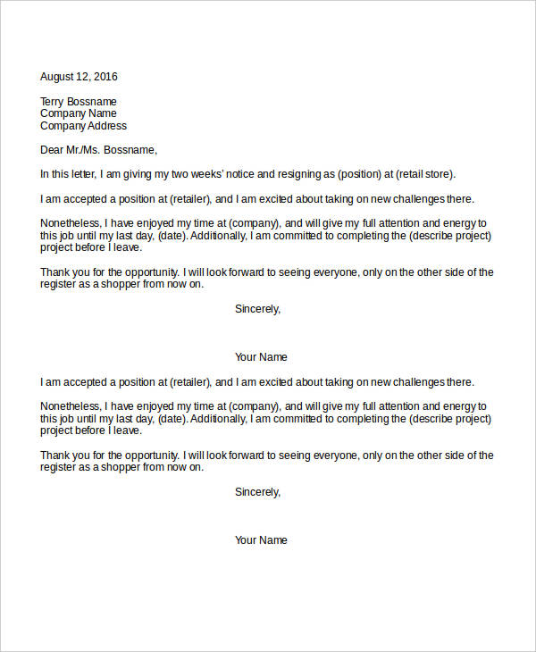basic retail resignation letter example