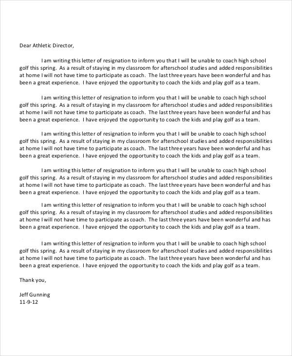 assistant golf coach resignation letter template