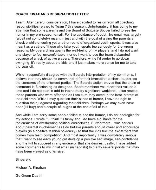coach resignation letter to team template