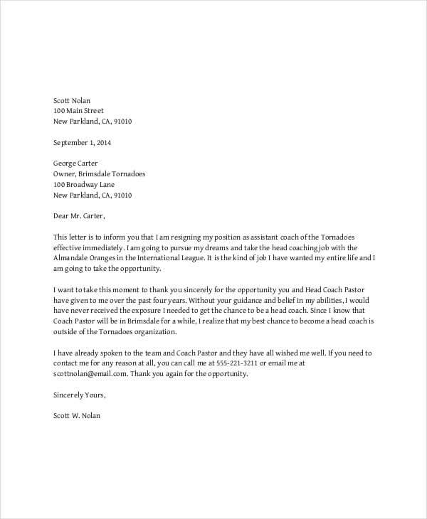 coach resignation letter example