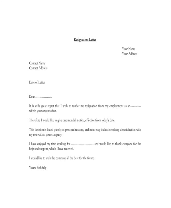 resignation letter for personal reasons with one month notice