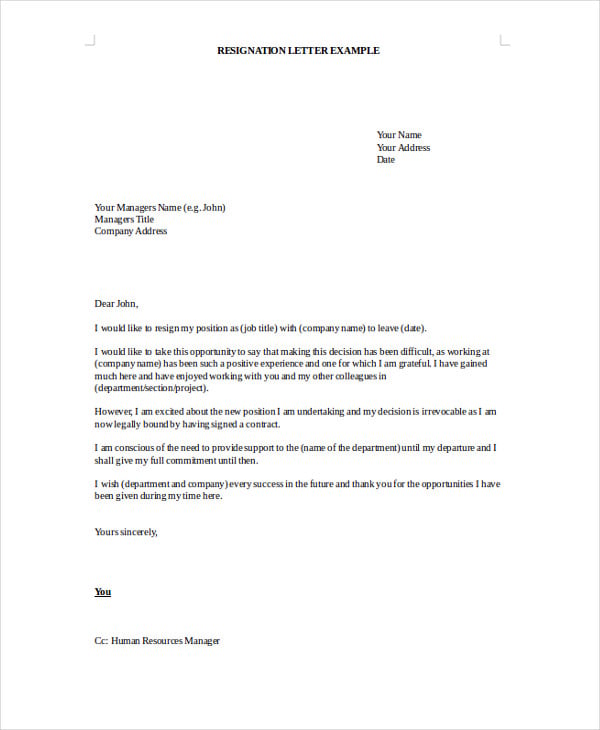 Sample Letter Of Resignation From Job