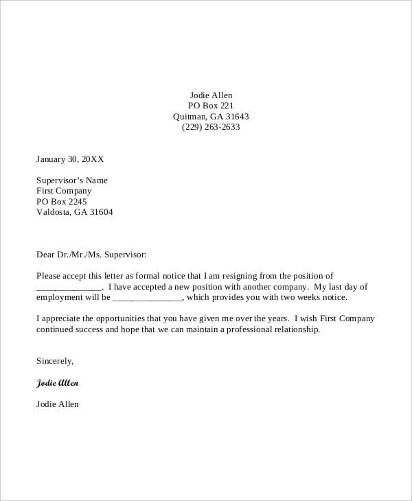 Sample Resignation Letter Due To Personal Reasons Database