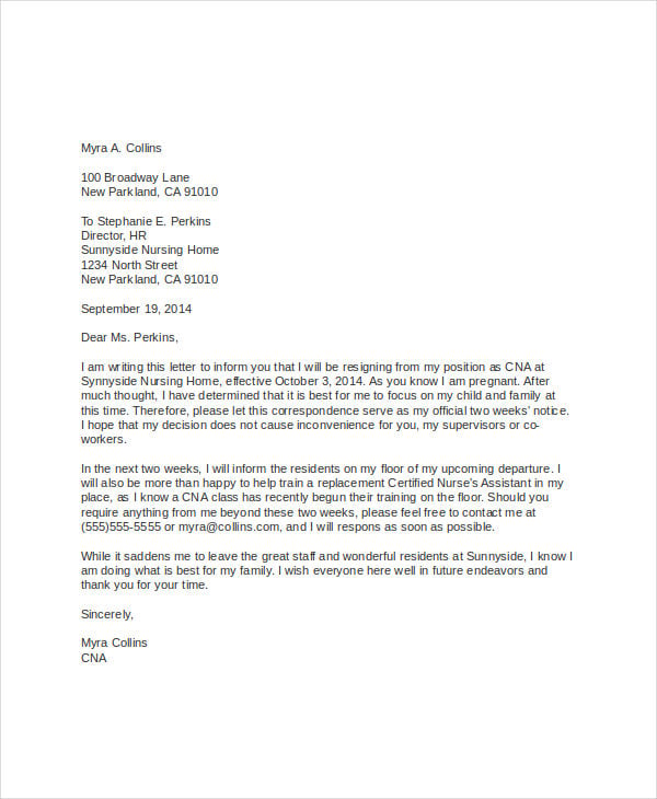 employee resignation letter due to pregnancy