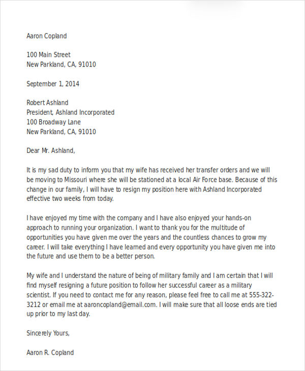 Resignation Letter Due to Relocation Template - 7+ Free Word, PDF ...