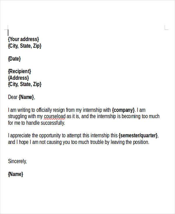 internship resignation letter format
