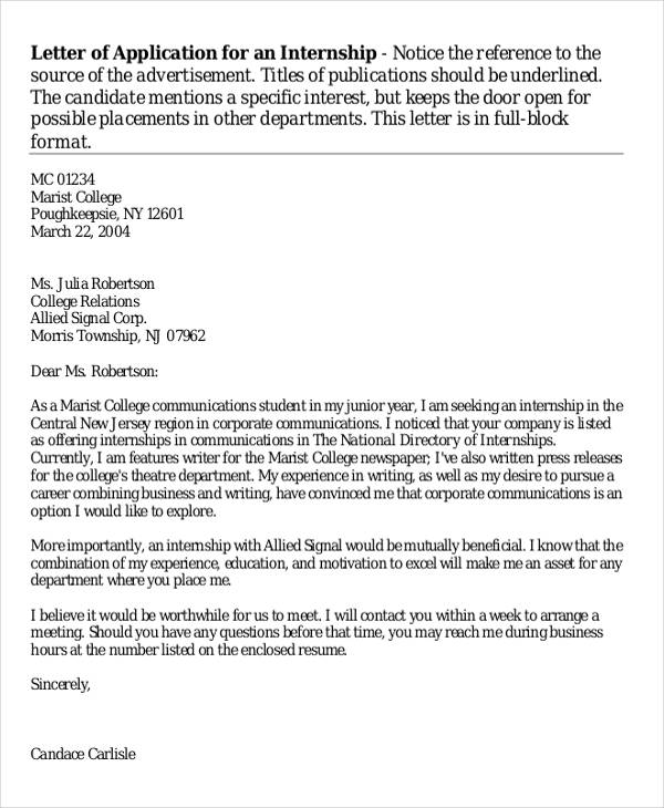 letter of application for internship example